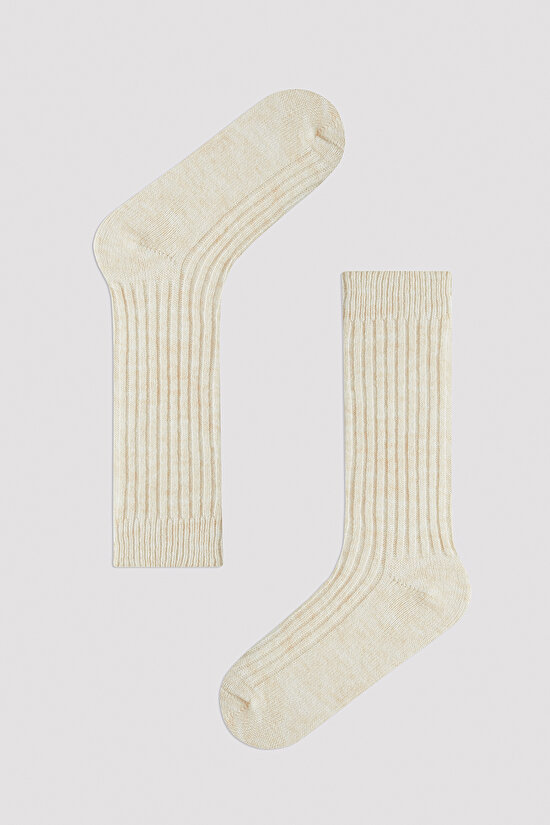 Vertical Rib Bej Soket Çorap - 1