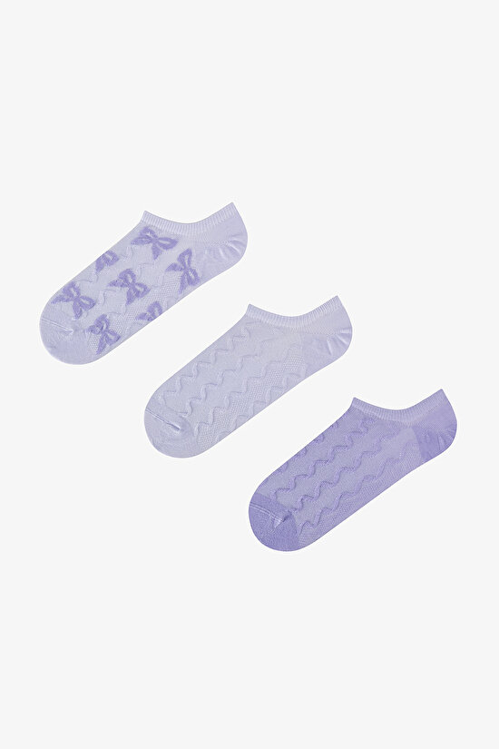 3 Çift Burun Dikişsiz Pamuklu Renkli Fiyonk Kabartma Desenli Sneaker Çorap - 1