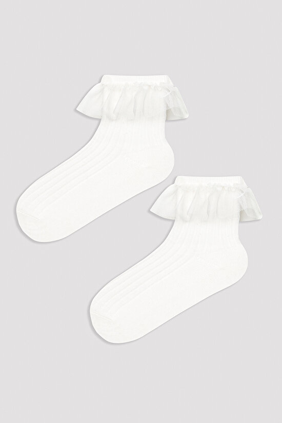 Kız Çocuk Beyaz Fırfır Detaylı Soket Çorap - 1