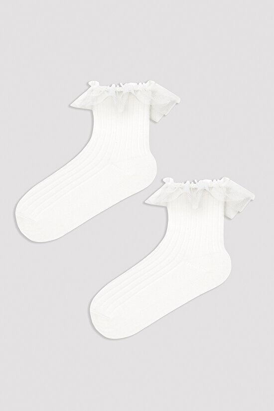 Kız Çocuk Beyaz Fırfır Detaylı Soket Çorap - 2