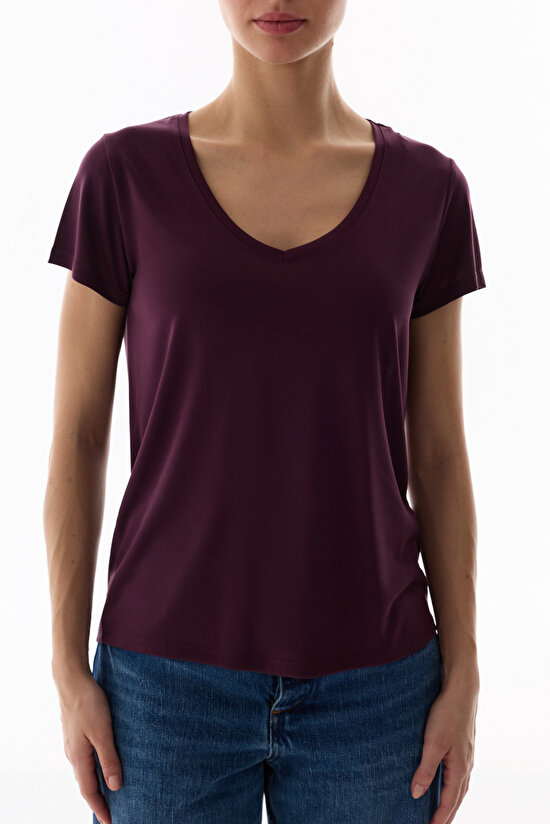 Bordo Modal V Yaka Tişört - 4