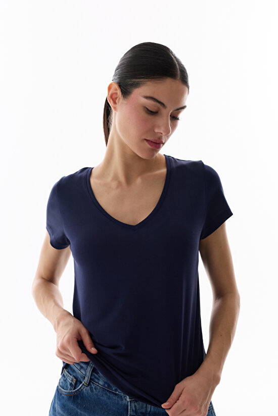 Lacivert Modal V Yaka Tişört - 2