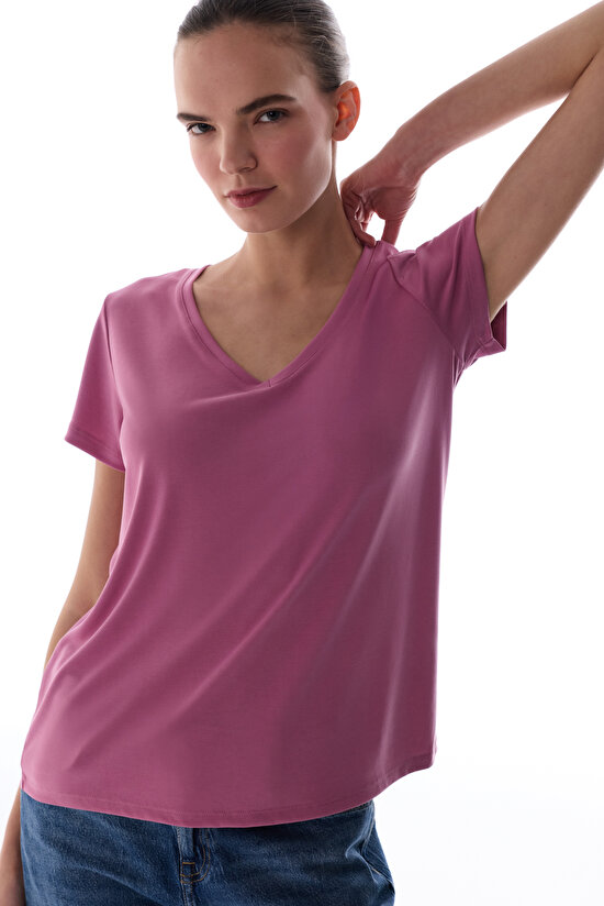 Rose Pink Modal V Neck T Shirt - 2