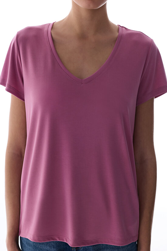 Rose Pink Modal V Neck T Shirt - 3