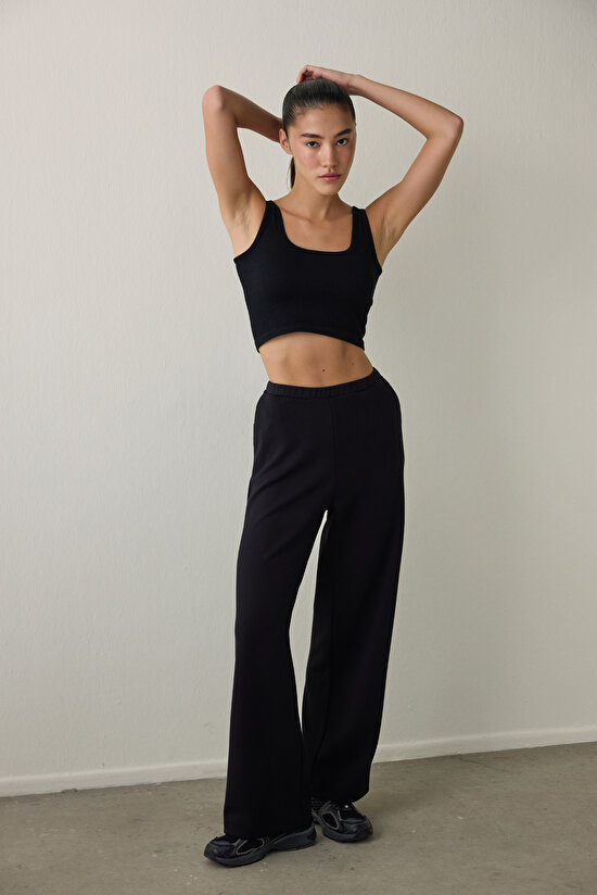 Black Silky Feel Lace-Up Loose Cut Sweatpants - 9