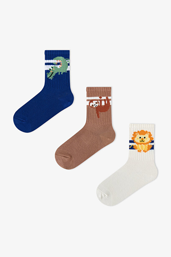 Boys' Jungle Animals Animal Print Cotton 3 Pack Ankle Socks - 1