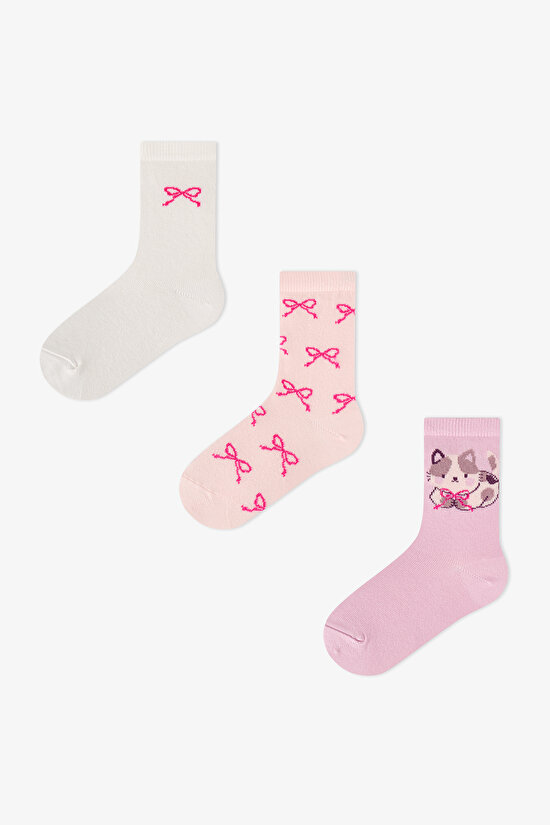 Kız Çocuk Pembe Snailmail Cuties Fiyonk Desenli Pamuklu 3 Çift Soket Çorap - 1