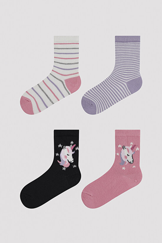 Kız Çocuk Unicorn Desenli 4 lü Soket Çorap - 1