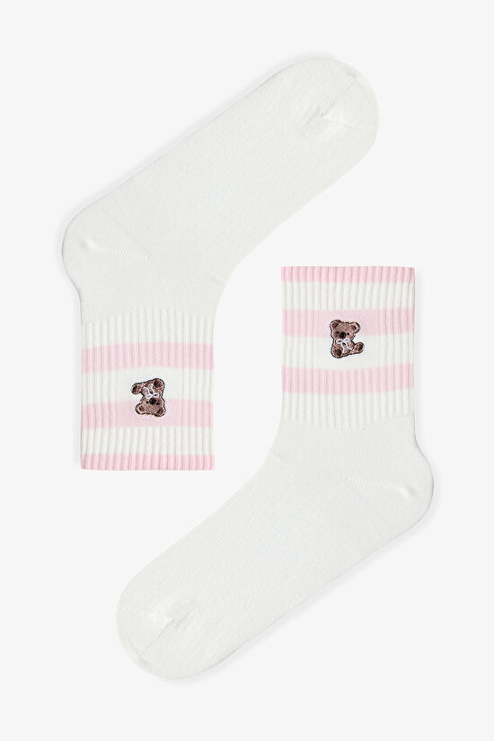 2 Çift Burun Dikişsiz Pamuklu Ayıcık Nakışlı Soket Çorap - 3