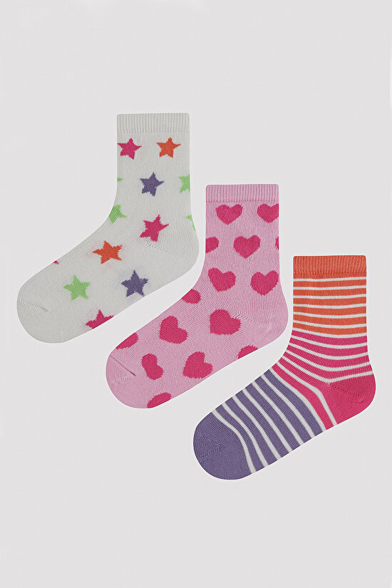 Kız Çocuk Yıldızlar ve Kalpler 3 lü Soket Çorap - 1
