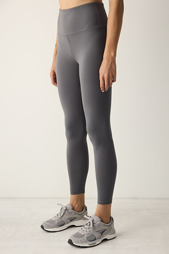 Koyu Gri Soft Feel Yüksek Bel Bilek Boy Tayt - 3