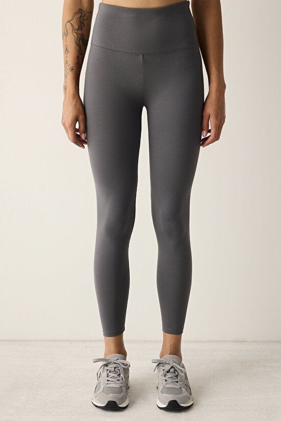 Koyu Gri Soft Feel Yüksek Bel Bilek Boy Tayt - 4