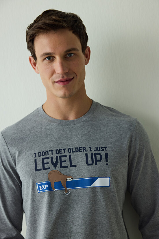 Erkek Level Slogan Baskılı Bisiklet Yaka Uzun Kollu Pijama Takımı - 3
