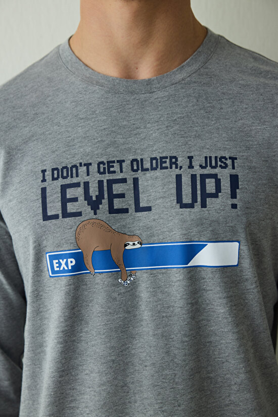 Erkek Level Slogan Baskılı Bisiklet Yaka Uzun Kollu Pijama Takımı - 4