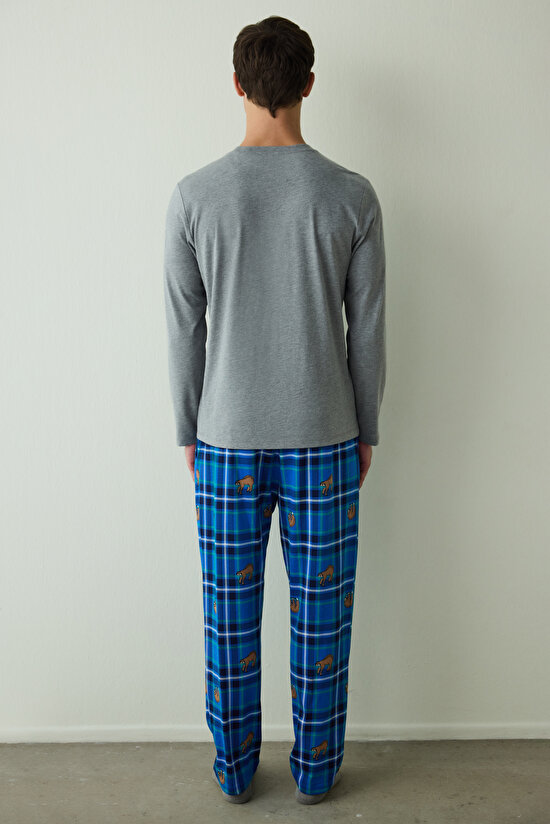 Erkek Level Slogan Baskılı Bisiklet Yaka Uzun Kollu Pijama Takımı - 6