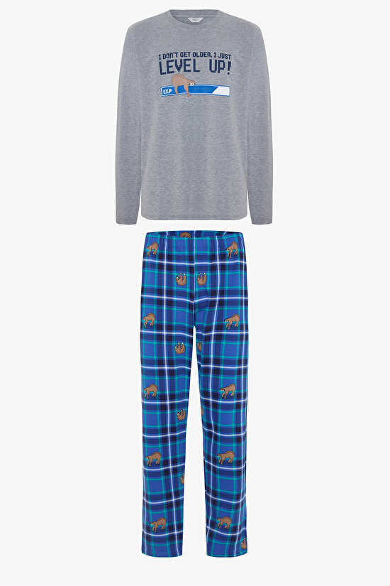 Erkek Level Slogan Baskılı Bisiklet Yaka Uzun Kollu Pijama Takımı - 7