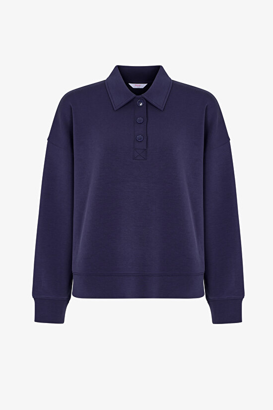 Mavi Modal Polo Yaka Düğmeli Sweatshirt - 1