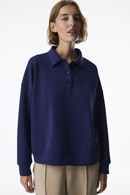Mavi Modal Polo Yaka Düğmeli Sweatshirt - 2