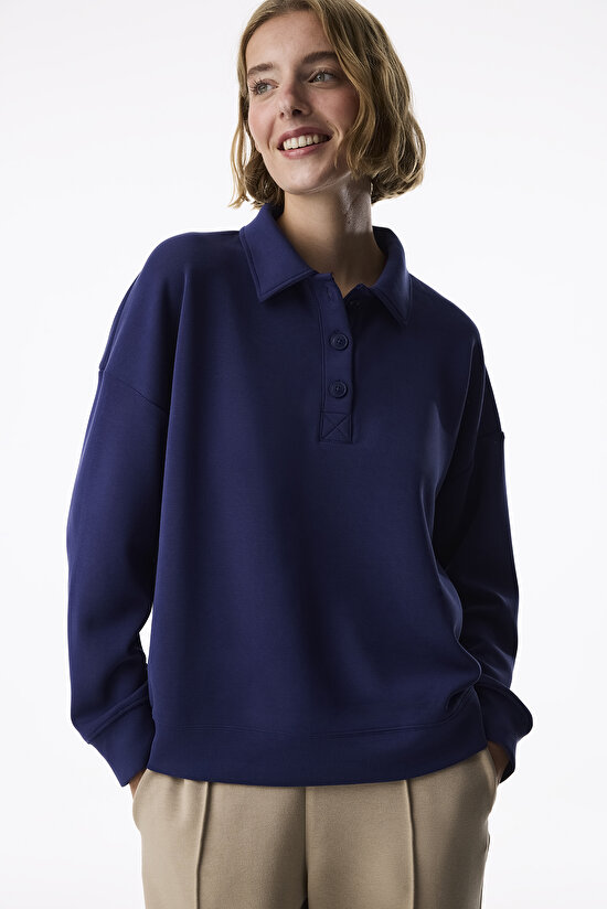 Mavi Modal Polo Yaka Düğmeli Sweatshirt - 3