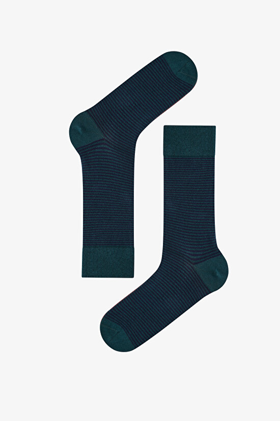 Erkek Lacivert Melanj Pinestripe Pamuklu 5 Çift Soket Çorap - 3