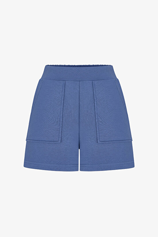 Mavi Cepli Yüksek Bel Ayarlanabilir Bel Pamuklu Şort - 1