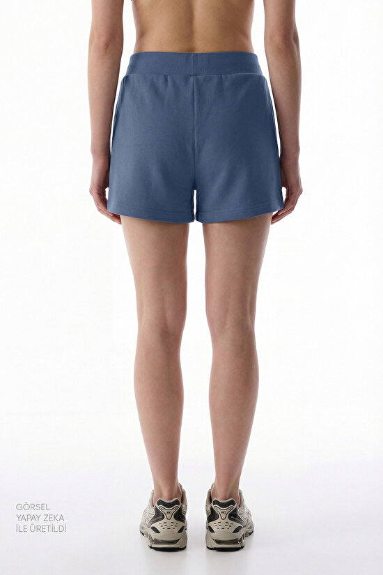 Mavi Cepli Yüksek Bel Ayarlanabilir Bel Pamuklu Şort - 2