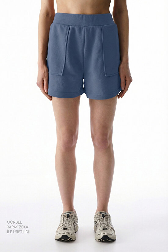 Mavi Cepli Yüksek Bel Ayarlanabilir Bel Pamuklu Şort - 3