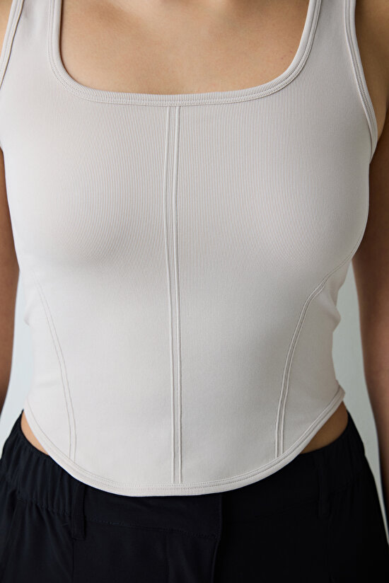 Bej Korse Görünümlü Slim Fit Crop Top - 4