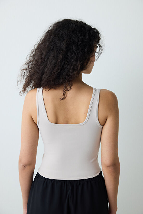 Bej Korse Görünümlü Slim Fit Crop Top - 5