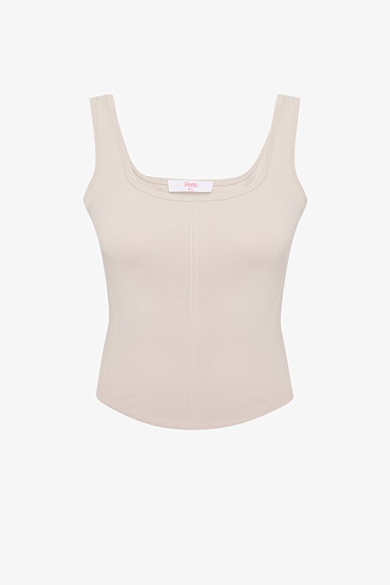 Bej Korse Görünümlü Slim Fit Crop Top - 6