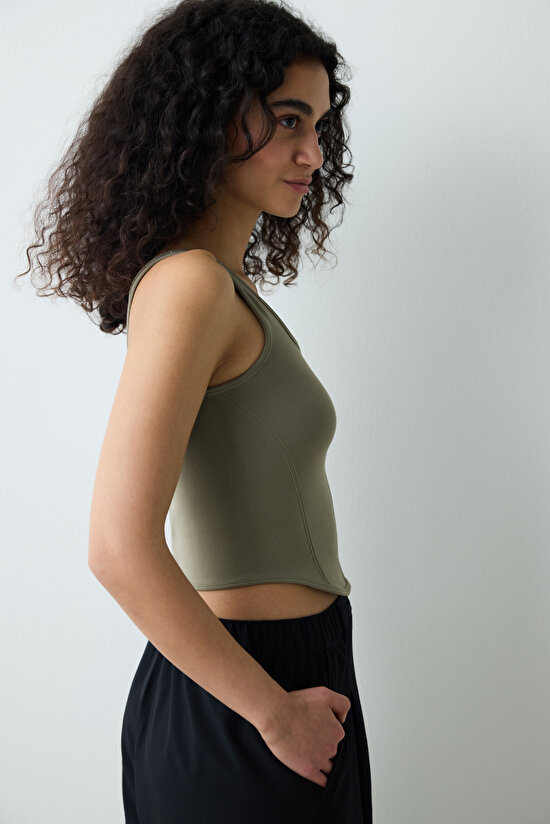 Haki Korse Görünümlü Seamless Slim Fit Crop Top - 3