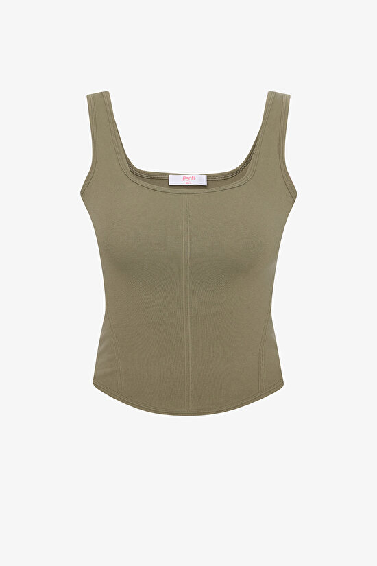 Haki Korse Görünümlü Seamless Slim Fit Crop Top - 5