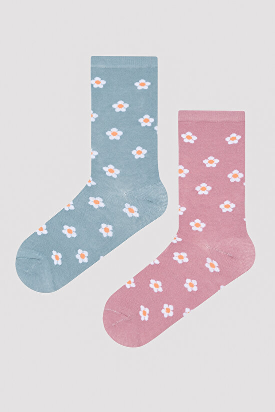 Çiçek Desenli Pembe - Mint 2li Soket Çorap - 1
