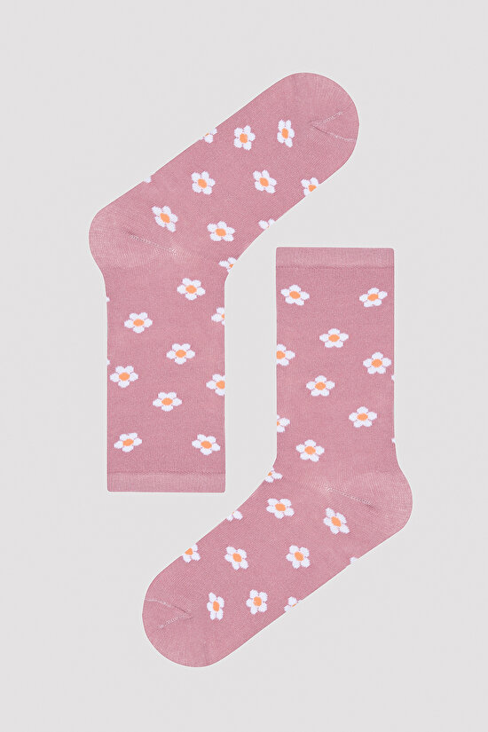 Çiçek Desenli Pembe - Mint 2li Soket Çorap - 2
