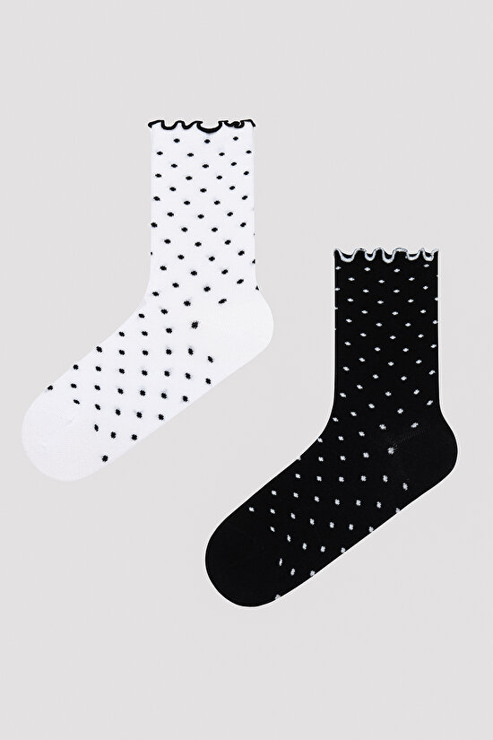 Frill Pointy Beyaz-Siyah 2li Soket Çorap - 1