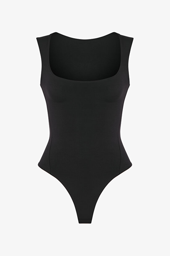 Black U-Neck Soft Texture Bodysuit - 1
