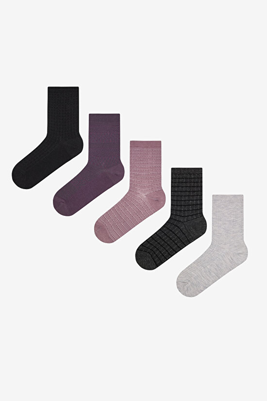 Mix Jacquard 5li Çok Renkli Burun Dikişsiz Soket Çorap - 5