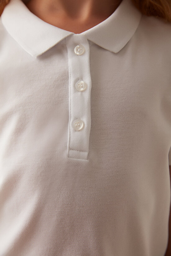 Beyaz Polo Yaka Kısa Kollu Unisex Tişört - 2