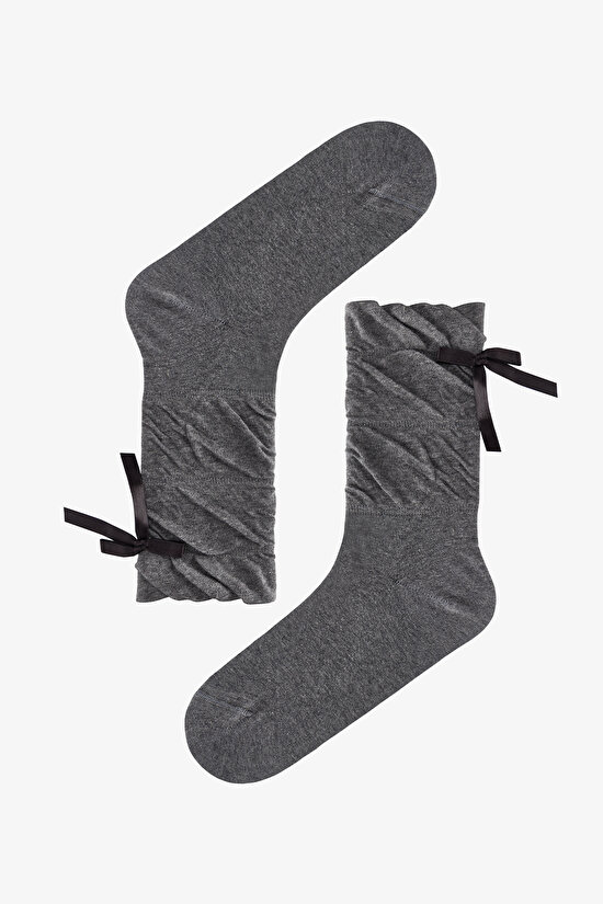 Antrasit Draped Ribbon Pamuklu Soket Çorap - 1