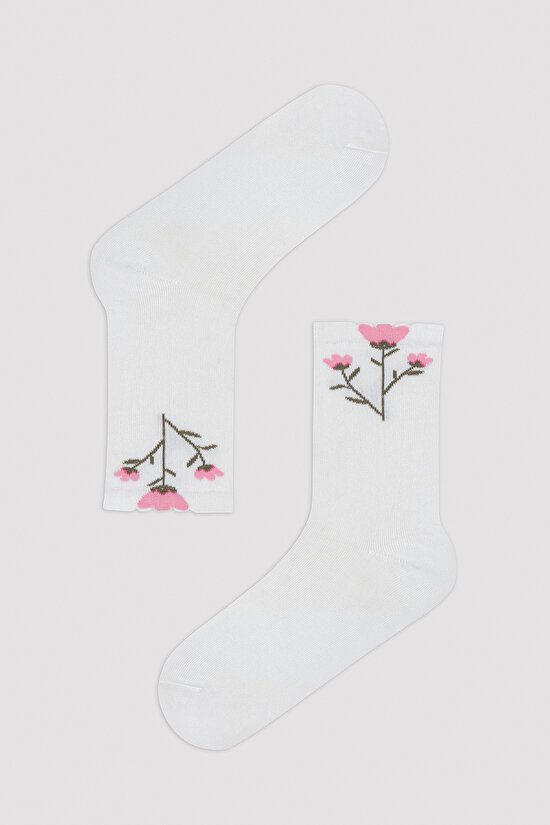 White Big Floral Soket Çorap - 1