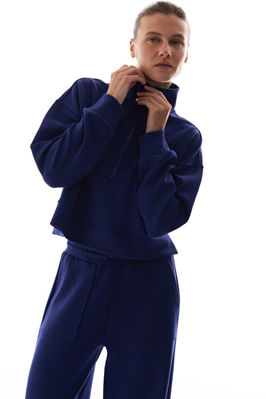 Lacivert İpeksi Dokunuş Silky Touch Yarım Fermuarlı Uzun Kollu Sweatshirt - 3