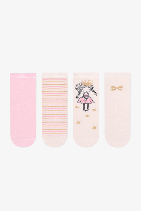 Girls' Pink Sparkle Princess Princess Print Cotton 4 Pack Ankle Socks - 1