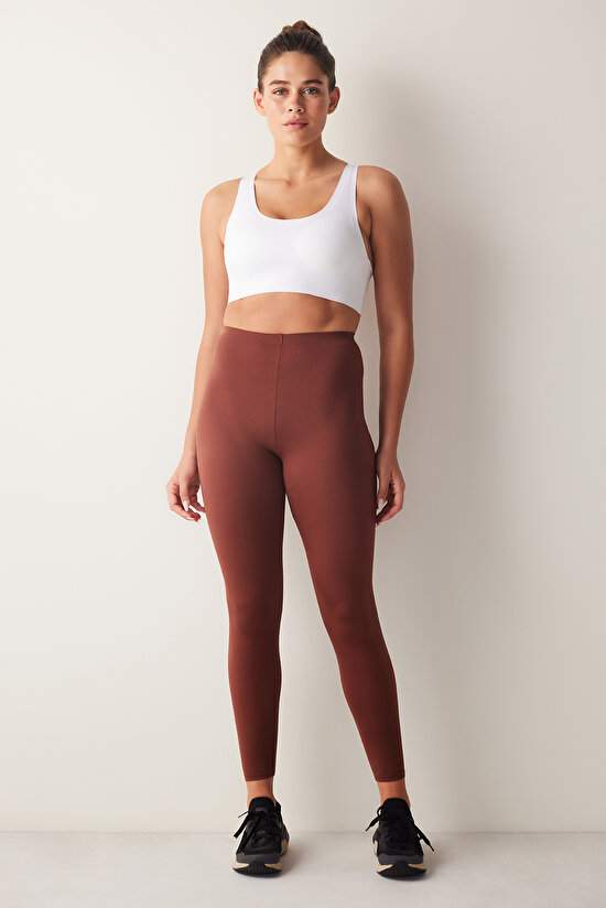 Kahverengi Yüksek Bel Miracle Fit Crop Tayt - 3