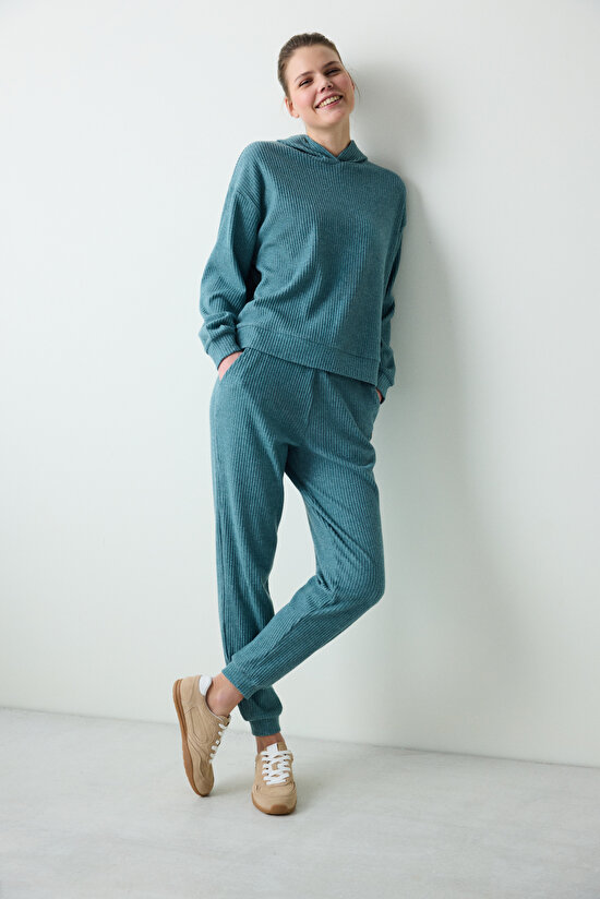 Petrol Yeşili Yüksek Bel Fitilli Eşofman Altı - 4