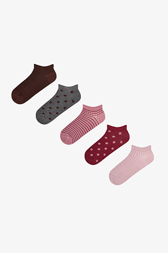 Siyah Bordo Berry Puantiye Desenli 5 Çift Patik Çorap - 1