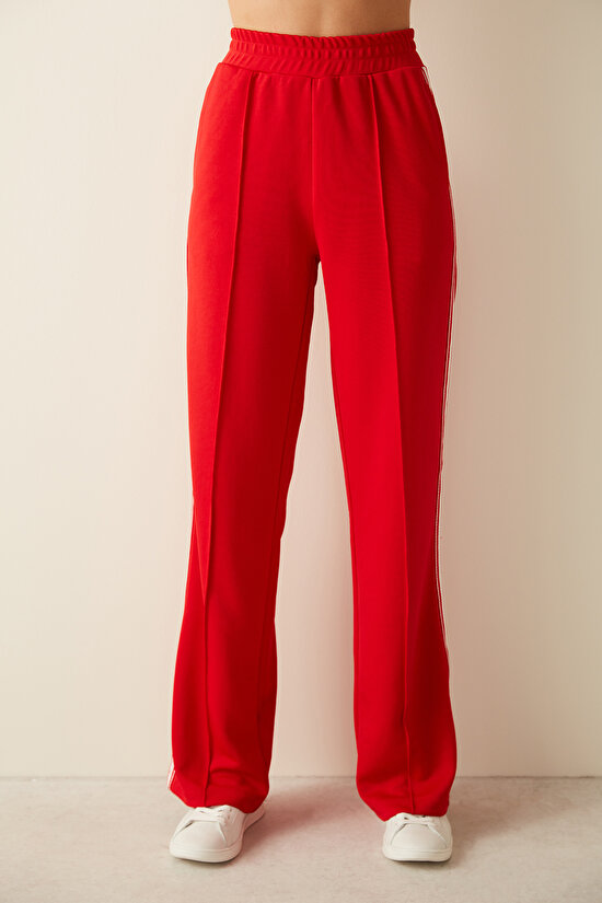 Red Mid Waist Side Stripe Detailed Trousers - 2