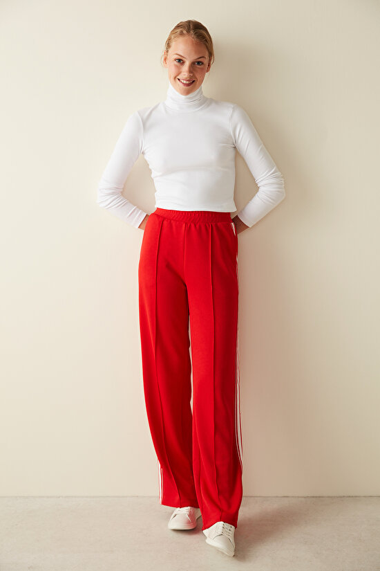 Red Mid Waist Side Stripe Detailed Trousers - 3