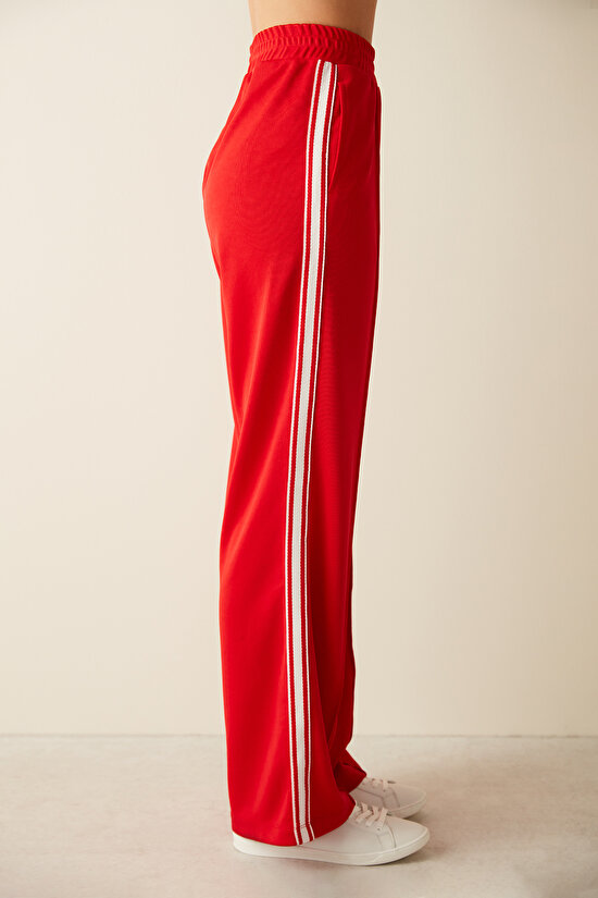Red Mid Waist Side Stripe Detailed Trousers - 4