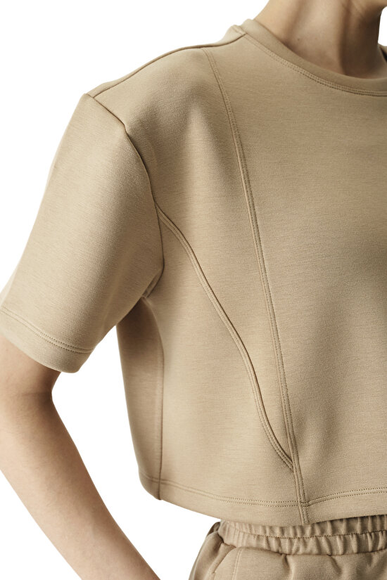 Bej Silky Feel Dikiş Detaylı Tişört - 3