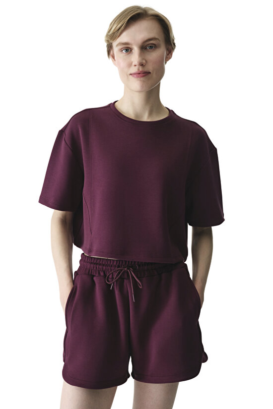 Bordo İpeksi Dokunuş Silky Touch Dikiş Detaylı Bisiklet Yaka Tişört - 4